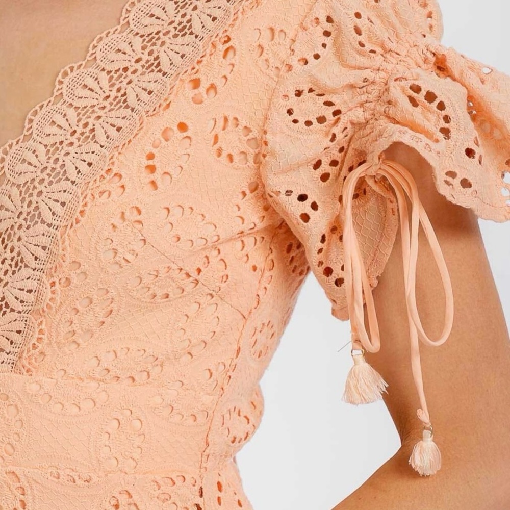 Women's Short Sleeve V-Neck Eyelet Trim Detailed Mini Dress - Picture 3 of 4